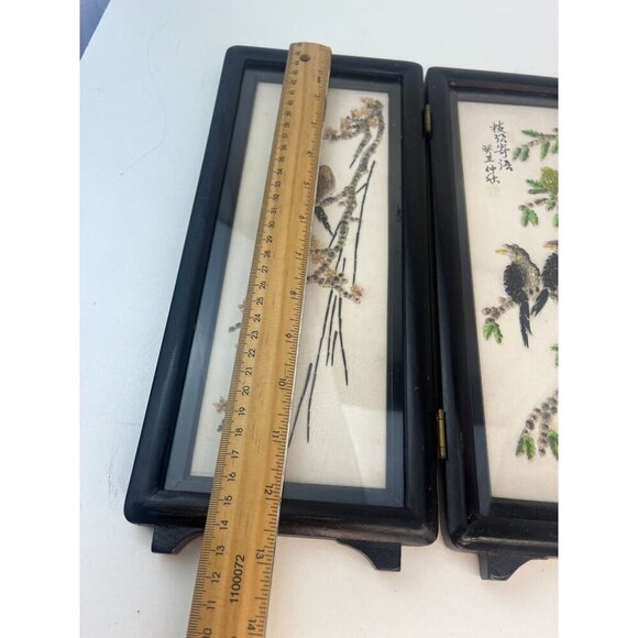 Japanese Asian 4 Panel Folding Screen Art Table Top Wall Hanging Shell Art Birds - Picture 7 of 12